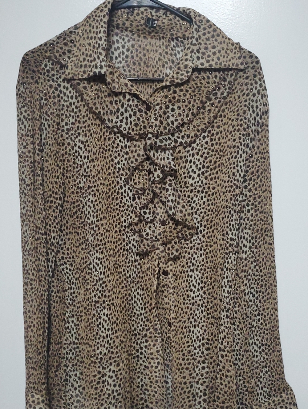 Leopard Print Ruffle Button-Front Blouse - Brown